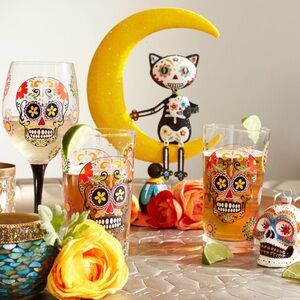 RARE NWT Pier One Sugar Skull Dias de Los Muertos/ Day of the Dead Glasses